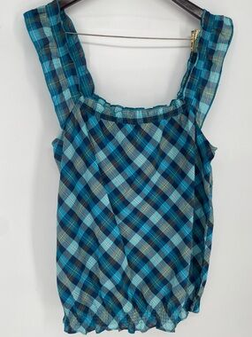 OP Brand Y2K Cotton Blue Plaid Shirred Casual Tank Top Flounce Straps